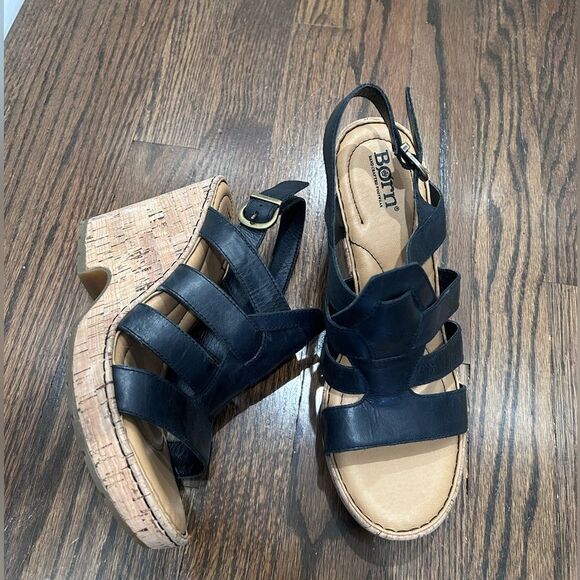 Born Womens Bernese Cage Black Leather Wedges Sandals Shoes SIZE 10 - Picture 1 of 6